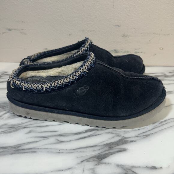 UGG Black Suede Sheepskin Lined Tasman II Slippers US SZ 10 Mules Slip On Wool - Picture 1 of 11